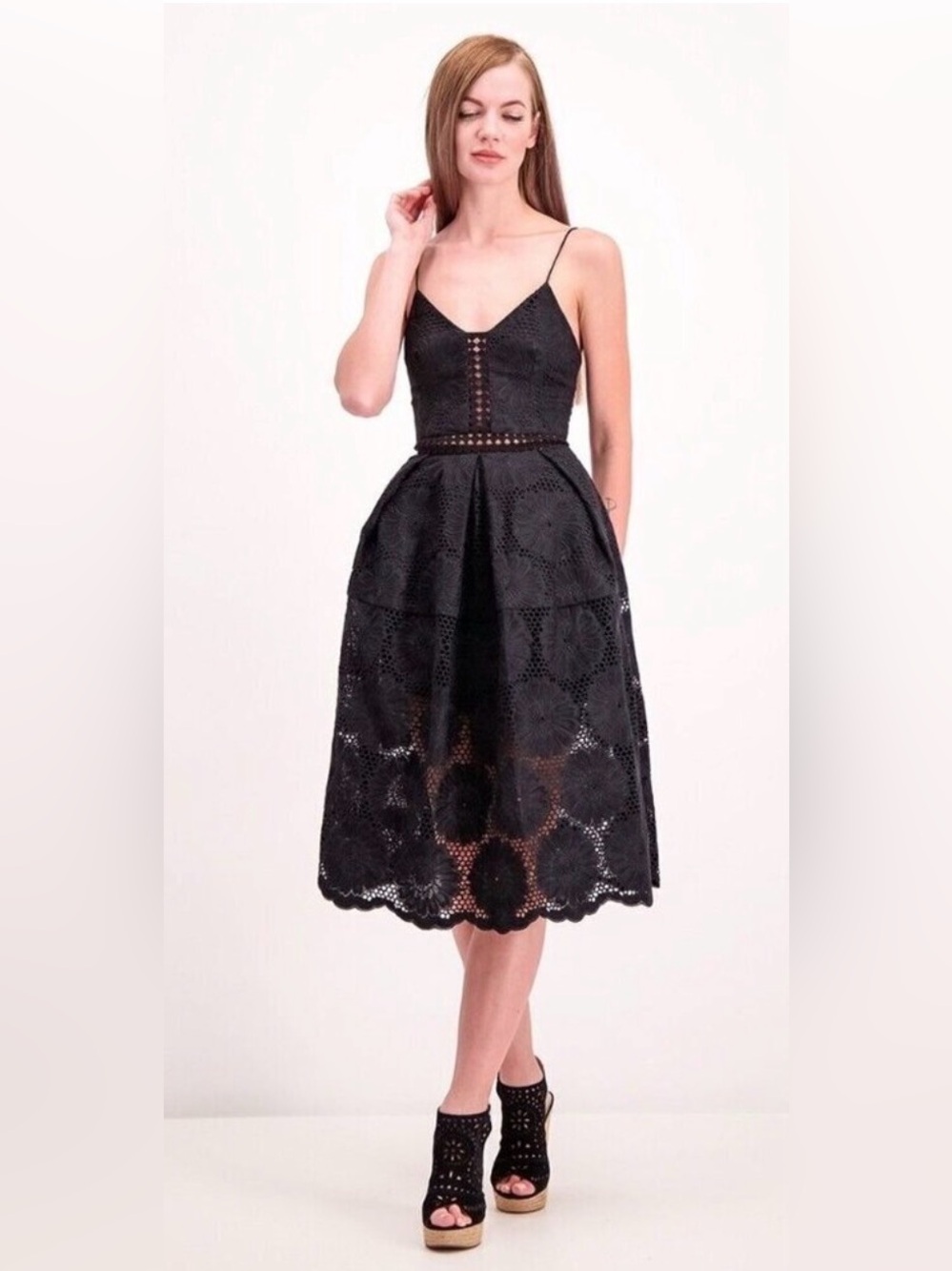Nicholas Black Midi Dress Strappy Embroidered Eyelet Sunflower Sz 8